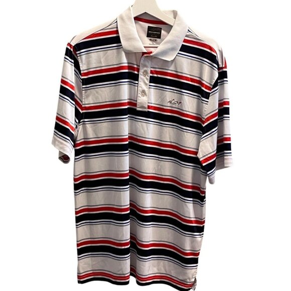 Greg Norman For Tasso Elba Mens L Polo Shirt Striped Red/White/Blue Polyester - Picture 8 of 8